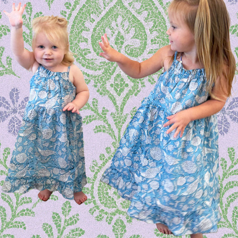 Girls Sun Dress - Light Blue Birds